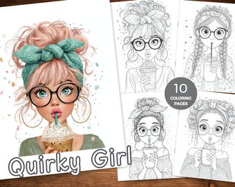 Quirky Girl Coloring Pages Printable PDF for Adults & Teens, Whimsical Girl Portraits, Quirky Girl and Coffee Lover Coloring Bold and Easy