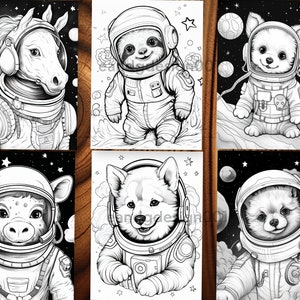 May include: Black and white line art illustrations of animals in astronaut suits against a starry backdrop. The animals include a horse, sloth, dog, cow, corgi, and Pomeranian. Each animal is wearing a detailed space helmet and suit.
