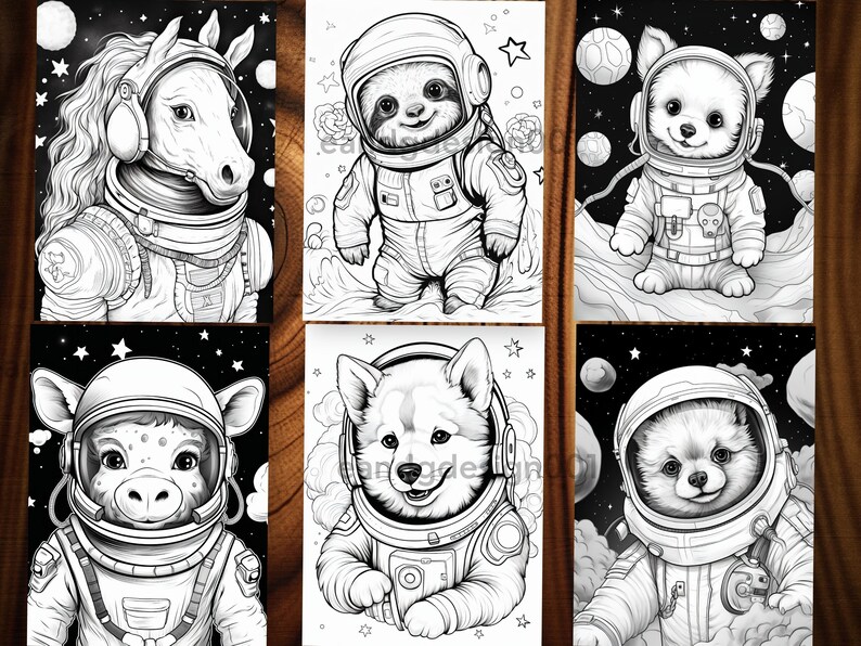 May include: Black and white line art illustrations of animals in astronaut suits against a starry backdrop. The animals include a horse, sloth, dog, cow, corgi, and Pomeranian. Each animal is wearing a detailed space helmet and suit.