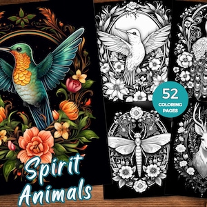Spirit Animal Coloring Pages Spirit Animal Black background coloring book Instant Download Animal grayscale coloring sheet Printable PDF