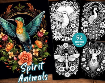 Spirit Animal Coloring Pages Spirit Animal Black background coloring book Instant Download Animal grayscale coloring sheet Printable PDF