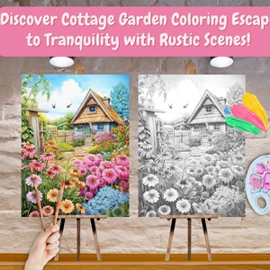 May include: A cottage garden coloring book with a black and white image of a cottage with a garden path and flowers. The image is on an easel with paintbrushes and a paint palette.
