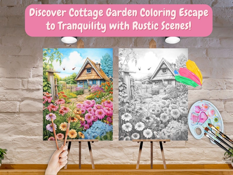 May include: A cottage garden coloring book with a black and white image of a cottage with a garden path and flowers. The image is on an easel with paintbrushes and a paint palette.