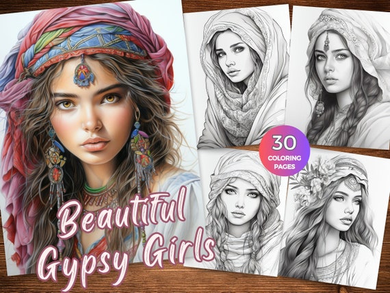 Beautiful Gypsy Girls coloring pages for adults Instant Download Gypsy Beauty coloring pages Mystical Gypsy girls coloring sheets Grayscale