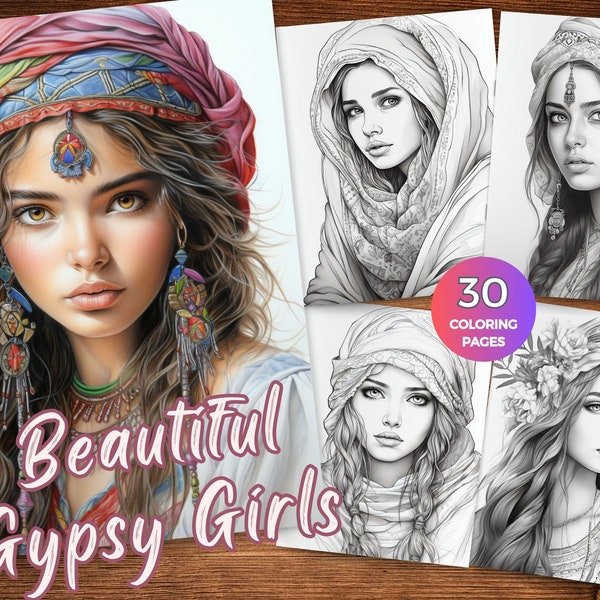 Belles pages à colorier Gypsy Girls pour adultes Téléchargement instantané Pages à colorier Gypsy Beauty Mystical Gypsy girls feuilles à colorier niveaux de gris