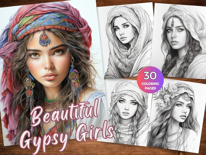 May include: A set of 30 coloring pages featuring beautiful illustrations of women with gypsy-inspired attire. The images are in black and white, ready to be colored.