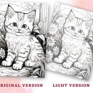 May include: A black and white line drawing of a kitten sitting in a garden with flowers. The kitten is looking at the viewer with a sweet expression.
