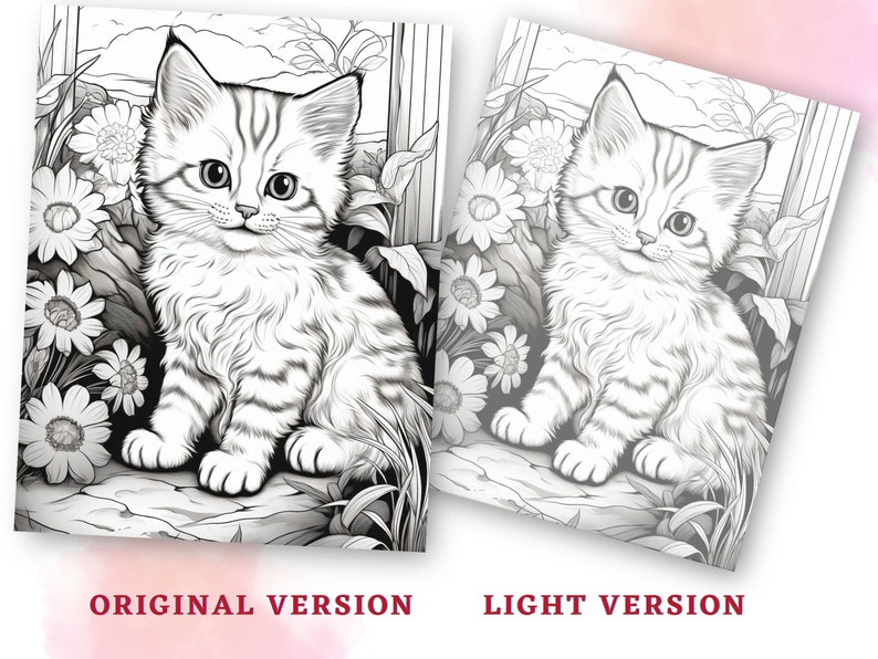 May include: A black and white line drawing of a kitten sitting in a garden with flowers. The kitten is looking at the viewer with a sweet expression.