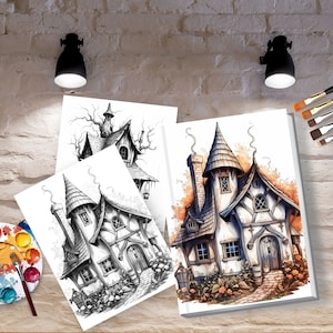 May include: Three illustrations of a whimsical, fairytale-style house with a pointed roof, chimney, and windows. The first two illustrations are in black and white, while the third is in color with shades of brown, white, and gray.