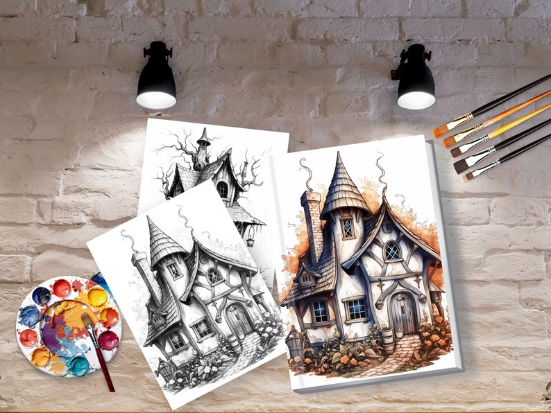 May include: Three illustrations of a whimsical, fairytale-style house with a pointed roof, chimney, and windows. The first two illustrations are in black and white, while the third is in color with shades of brown, white, and gray.