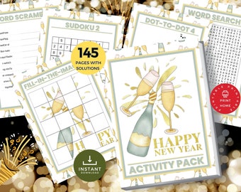 May include: A printable New Year's activity pack featuring a champagne bottle and glasses design. The pack includes a word search, dot-to-dot, fill-in-the-image, and Sudoku puzzle. The text "Happy New Year Activity Pack" is printed on the cover.