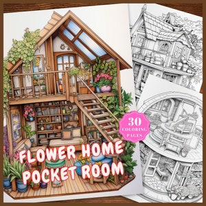 Isometric Room Coloring Pages, Interior Isometric Coloring Printables, Pocket Room Coloring Sheets, Flowers House Pocket Room Coloring Pages