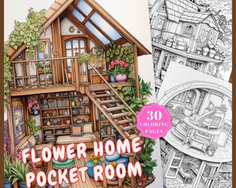 Isometric Room Coloring Pages, Interior Isometric Coloring Printables, Pocket Room Coloring Sheets, Flowers House Pocket Room Coloring Pages