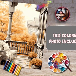 May include: A paint by numbers kit featuring a porch scene with a wicker chair, a table, and a potted plant. The scene is set in autumn with fall foliage in the background. The kit includes a canvas, paint brushes, and acrylic paints. "This Colored Photo Included" is written on a gray rectangle in the image.