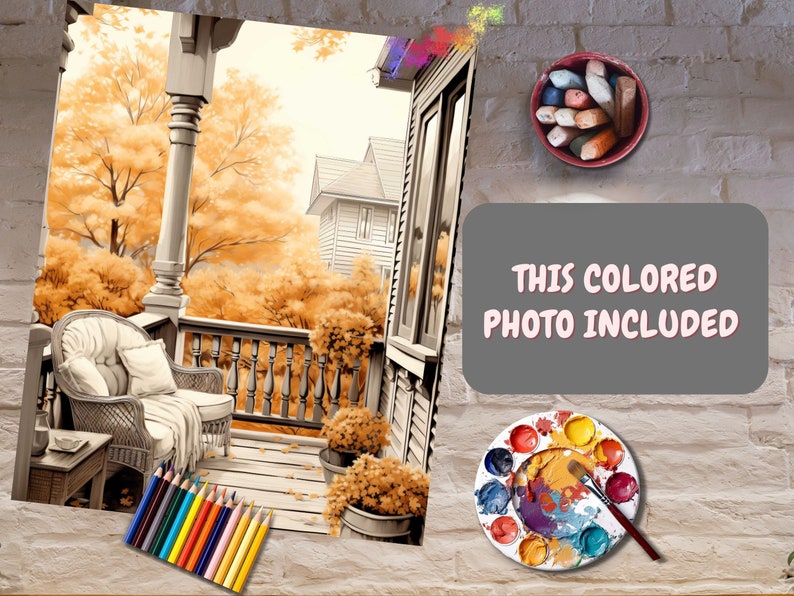 May include: A paint by numbers kit featuring a porch scene with a wicker chair, a table, and a potted plant. The scene is set in autumn with fall foliage in the background. The kit includes a canvas, paint brushes, and acrylic paints. "This Colored Photo Included" is written on a gray rectangle in the image.
