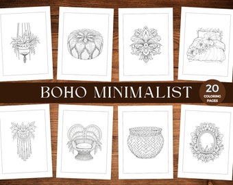 Bundle de pages de coloriage bohèmes minimalistes à imprimer, objets bohèmes à colorier, livre de coloriage pour adultes, coloriage anti-stress