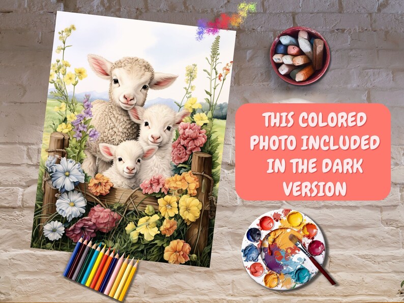 May include: Three white lambs with fluffy fur are peeking over a wooden fence. They are surrounded by colorful flowers in shades of pink, yellow, blue, and purple. The lambs have sweet expressions on their faces.