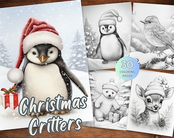 Christmas Critters Adult Coloring Pages Cute Animal Coloring Book Instant Download Grayscale Coloring Sheets Printable Christmas Coloring