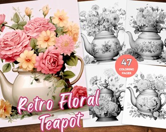 Retro Floral Teapot Coloring Book Tea Shabby Chic Tea Kettle Greyscale Coloring Tea Time with Roses Coloring Sheet Relaxing Stress Relief