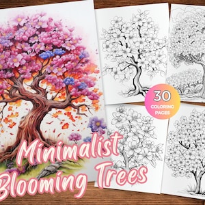 Minimalist Blooming Trees coloring pages for adults Instant Download Minimalist tree coloring pages Simplified blooming tree coloring sheets