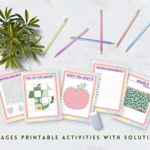 May include: A set of 51 printable activity pages with solutions. The pages feature a variety of activities, including word searches, fill-in-the-image, dot-to-dot, word scrambles, and mazes. The pages are decorated with a pastel rainbow design.