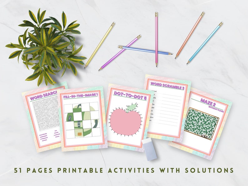 May include: A set of 51 printable activity pages with solutions. The pages feature a variety of activities, including word searches, fill-in-the-image, dot-to-dot, word scrambles, and mazes. The pages are decorated with a pastel rainbow design.