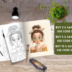 May include: Two open coloring books with illustrations of a woman drinking from a cup, along with pencils, an eraser, and a wooden pen. The image also includes a green sign with text.