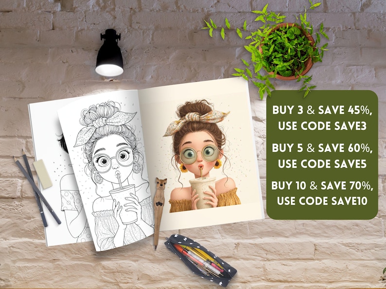 May include: Two open coloring books with illustrations of a woman drinking from a cup, along with pencils, an eraser, and a wooden pen. The image also includes a green sign with text.