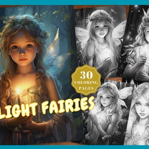Licht-Feen Malbuch, Licht-Feen mit Lichtern Malseiten für Erwachsene, sofort Download druckbare PDF Graustufen Malvorlage Light Angel