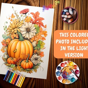 May include: A coloring page featuring a still life of pumpkins, fall leaves, and flowers. The pumpkins are orange and yellow, and the leaves are red, orange, and yellow. The flowers are white and yellow. The image is on a white background.