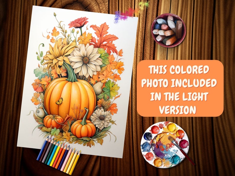 May include: A coloring page featuring a still life of pumpkins, fall leaves, and flowers. The pumpkins are orange and yellow, and the leaves are red, orange, and yellow. The flowers are white and yellow. The image is on a white background.