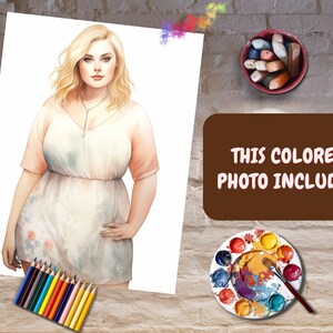 May include: A digital illustration of a woman with long blonde hair wearing a white dress with floral details. The image is on a white background and includes the text "THIS COLORED PHOTO INCLUDED".