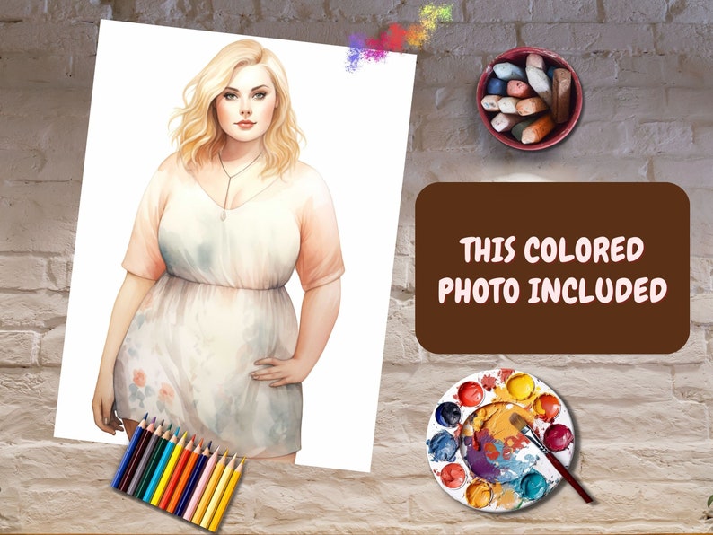May include: A digital illustration of a woman with long blonde hair wearing a white dress with floral details. The image is on a white background and includes the text "THIS COLORED PHOTO INCLUDED".