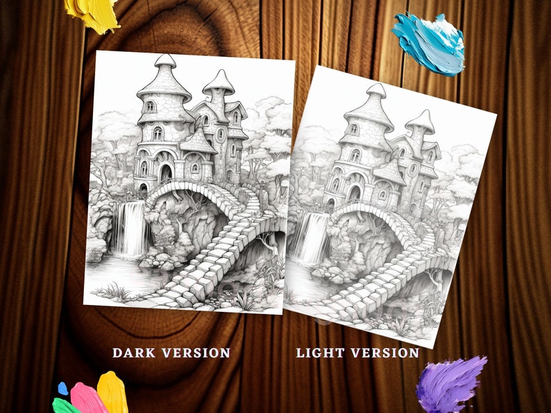 May include: Two grayscale coloring pages featuring a fantasy castle scene with a waterfall and bridge. The pages are labeled "DARK VERSION" and "LIGHT VERSION". The image is on a wooden background with paint splotches.