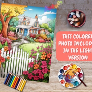 May include: A colorful illustration of a house with a white picket fence and a garden full of flowers. The house has a blue door and a white roof. The garden is surrounded by a white picket fence. The illustration is in a cartoon style.