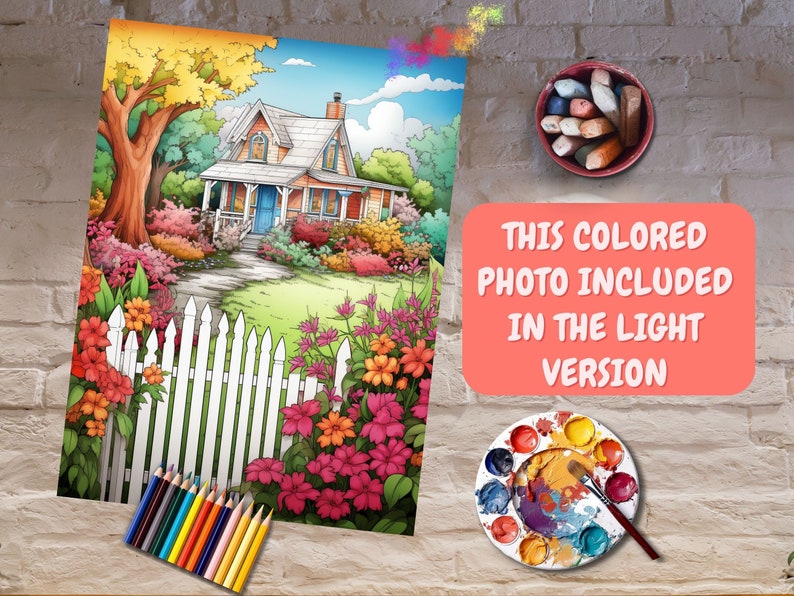 May include: A colorful illustration of a house with a white picket fence and a garden full of flowers. The house has a blue door and a white roof. The garden is surrounded by a white picket fence. The illustration is in a cartoon style.