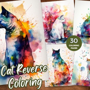 May include: A set of 30 reverse coloring pages featuring colorful watercolor illustrations of cats. The pages are perfect for adults and children who enjoy creative activities.