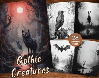 Kolorowanka „Gotyckie stworzenia” dla dorosłych Kolorowanka „Mroczne gotyckie” Tajemnicze stworzenia Arkusze do kolorowania w odcieniach szarości Kolorowanka „Mroczne fantasy”