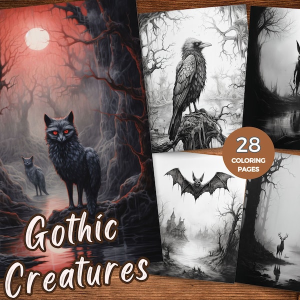 Gothic Creatures Coloring Book for Adults Dark Gothic Coloring Book Mysterious Creatures Grayscale Coloring Sheets Dark fantasy coloring