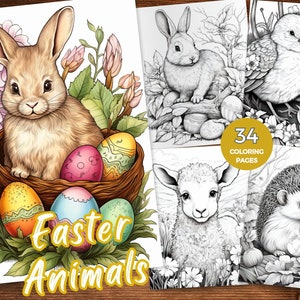 Easter Animals coloring Page Rabbit coloring sheet Bunny coloring book Chick Lamb Duckling Butterfly Sheep Dove Deer Dog Cat with Easter Egg