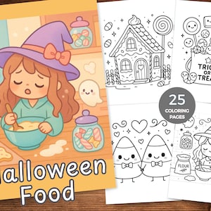 May include: A Halloween-themed colouring book with 25 pages. The cover shows a cartoon witch making food, with the words "Halloween Food." Inside, black and white illustrations depict Halloween treats and scenes.