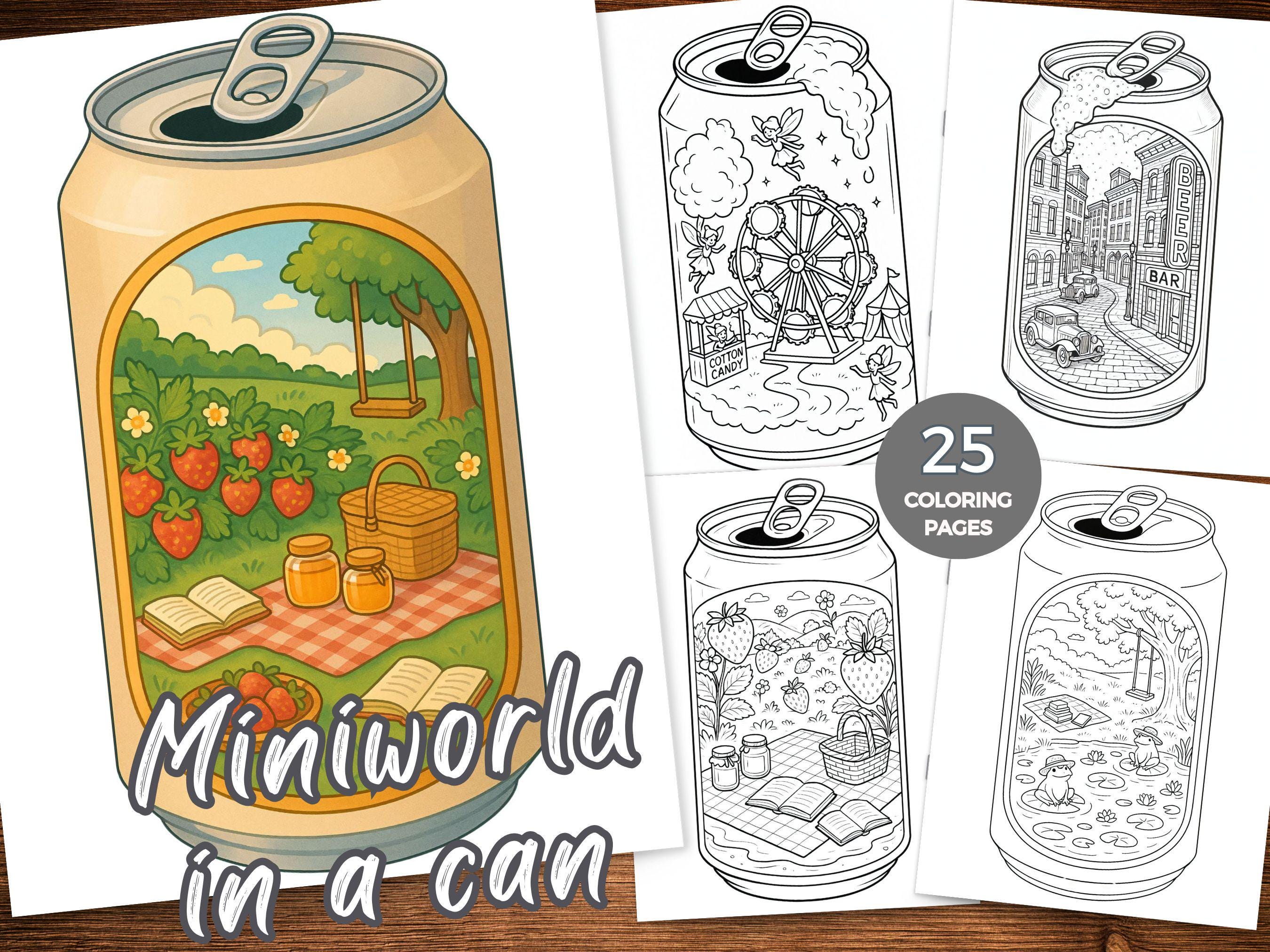 Mini World in a Can Coloring Pages, Whimsical Tiny Worlds Inside Cans, Cozy Cottagecore, Fantasy Gardens, Fairy Miniatures, Stress Relief