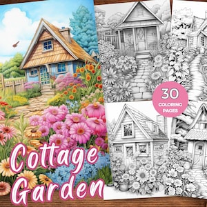 May include: A coloring book with 30 pages featuring illustrations of cottages and gardens. The cover shows a colorful cottage with a stone path leading to the front door. The cottage is surrounded by a lush garden with pink, yellow, and white flowers.