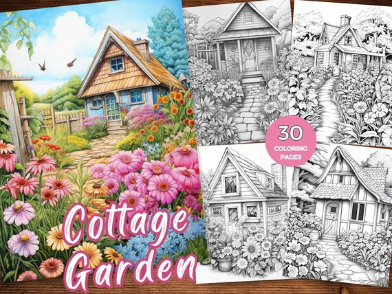 Cottage Garden coloring pages enchanted garden coloring book Grandma secret garden coloring sheet minimalist garden grayscale coloring page