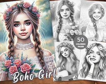 Boho Girl Grayscale Coloring Pages Boho Girl Coloring Book Bohemian Woman Coloring Pages Instant Download Boho Teen Girl Coloring Sheet PDF