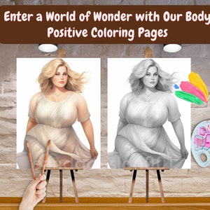 May include: A black and white coloring page of a woman in a dress, with a color palette of pink, green, and yellow paint swatches. The text "Enter a World of Wonder with Our Body Positive Coloring Pages" is at the top of the image.
