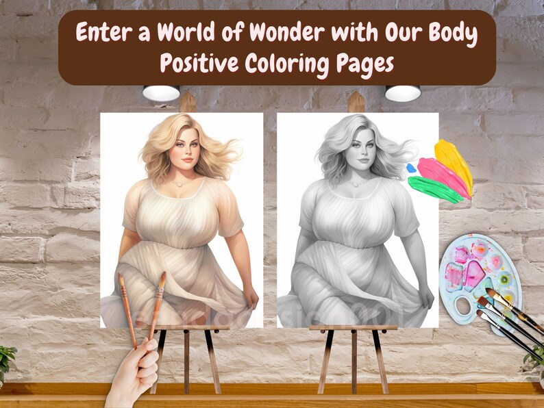 May include: A black and white coloring page of a woman in a dress, with a color palette of pink, green, and yellow paint swatches. The text "Enter a World of Wonder with Our Body Positive Coloring Pages" is at the top of the image.