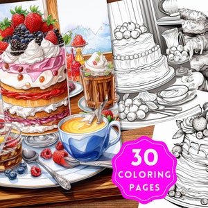 Coloring Books Digital Desserts, Printable PDF, Adults kids Instant Download, Grayscale Coloring Book, Yummy Desserts, Desserts lovers