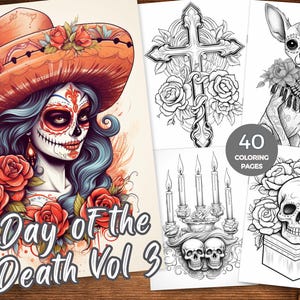 Könnte beinhalten: Ein Cover für ein Malbuch mit einer Illustration zum Thema Tag der Toten, die eine Frau mit einem Zucker Schädel Gesicht zeigt, die einen großen orangefarbenen Hut mit Blumen trägt. Der Text "Day of the Death Vol 3" ist unter der Illustration gedruckt.