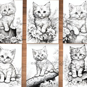 May include: Six black and white coloring pages featuring cute kittens with flowers and butterflies. Each kitten is sitting on a log or stump.